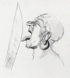Portret van een piraat (kaper) die het zwaard tart door het met de tong aan te raken (Illustratie)