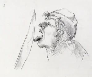 Portret van een piraat (kaper) die het zwaard tart door het met de tong aan te raken (Illustratie)