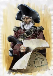 Portret van een piraat of zeeman met een driehoekige hoed en een schatkaart in zijn handen
