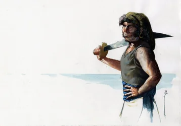 Portret van een piraat of zeeman met een zwaard die naar de zee kijkt