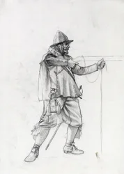 Portret van een scheepssoldaat uit de 17e eeuw die zich in een schietpositie plaatst