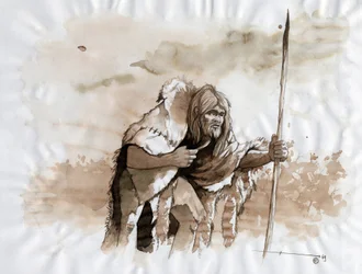 Prehistorie: representatie van een Neanderthaler in het Midden-Paleolithicum - Tekening door Alessandro Lonati