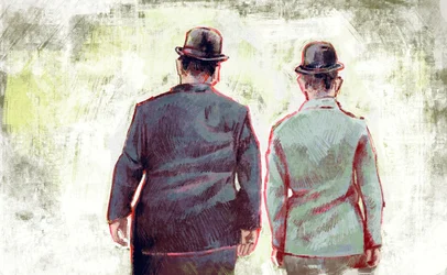 Stan Laurel en Oliver Hardy marcheren naar de horizon (illustratie)
