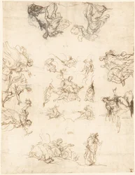 Een plafond met compartimenten met allegorieën en mythen