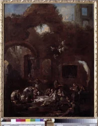 Kapucijner monniken aan tafel tussen de ruïnes