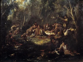 Scène van monastiek leven Monniken ontbijten, bidden en lezen in een kreupelhout. Schilderij door Alessandro Magnasco