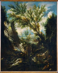 Stormachtig landschap met de profeet Elia en de heilige Hiëronymus, kerkvader (schilderij op doek)