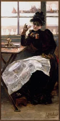 Een vrouw in het zwart, die in een bistro de krant leest en aan een kop koffie nipt. Genua, Galleria d