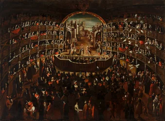 Het theater, met een scène uit de opera "Bernice Vendicativa" op het podium