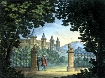 Scenografie van Sanquirico voor de opera “Anna Bolena” door Gaetano Donizetti. Teatro Carcano, Milaan