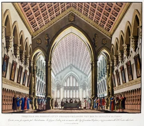 Scenografie van Sanquirico voor de opera La gazza ladra door Gioacchino Rossini opgevoerd in het Teatro alla Scala in Milaan in 1817: het Tribunaal du Podestat nabij Parijs