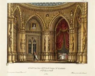 De slaapkamer van Elmire (of Elmiro). Toneelontwerp voor de opera 