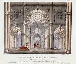 Uitzicht op de hal van het paleis van de hertog van Gloucester Scenografie voor de voorstelling van de opera 