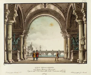 Uitzicht op de zaal van het koninklijk paleis Scenografie voor de opera Bianca e Fernando door Vincenzo Bellini (1826)