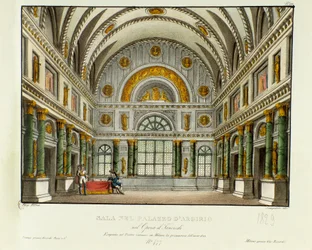 Uitzicht op het paleis van de koning van Syracuse Argirio Scenografie voor de uitvoering in Milaan in 1829 van de opera 