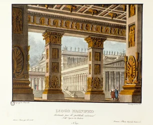 Uitzicht op het paleis waar openbare hoorzittingen plaatsvinden Scenografie voor de opera Didone (1783) door Niccolo Vito Piccinni naar de opera van Metastasio