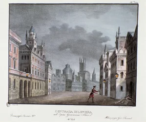 Uitzicht op de buitenwijken van Londen Scenografie voor de voorstelling van de opera 