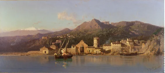 Uitzicht op Taormina, Sicilië, met de Etna op de achtergrond, 1868