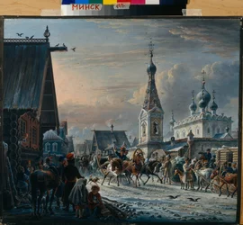 Russische postkoetsen (troika) rijden door een straat in de winter en begroeten de bewoners