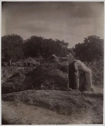 Beeldhouwwerk van een olifant bovenop een rots met Asoka-inscripties, Dhauli, Puri District