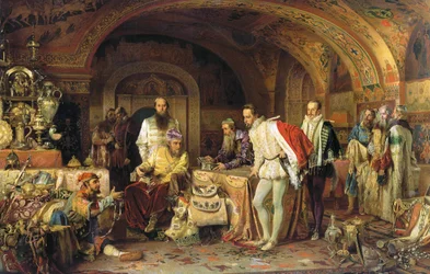 Ivan IV van Rusland toont zijn schatten aan de ambassadeur van koningin Elizabeth I van Engeland, 1875