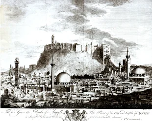 Een uitzicht op de stad en het kasteel van Aleppo, Syrië, 1754