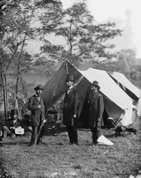 Abraham Lincoln met Allan Pinkerton en generaal-majoor John A. McClernand, 1862