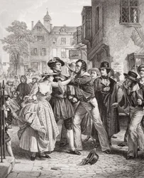 De persbende grijpt een schipper op Tower Hill op de ochtend van zijn trouwdag, uit `Illustrations of English and Scottish History