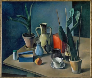 Grosses Stilleben mit Kruegen und roter Teedose, Stilleven met kannen en rode theedoos (schilderij op doek)