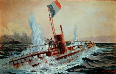 Een Oostenrijks slagschip brengt de Franse onderzeeër Curie tot zinken ...