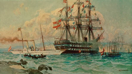 Het Oostenrijkse jacht Fantasie en het lijnschip Kaiser ... (schilderij op doek)
