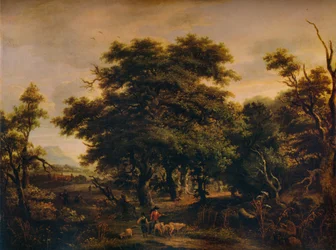 Een bosrijk landschap met figuren en schapen, c1805