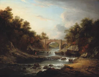 Uitzicht op de rivier Almond, nabij Edinburgh, met Almondell Bridge en een visser