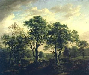 Bosrijk rivierlandschap met figuren en vee