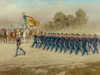 K. u. k. Hoch- und Deutschmeister Infanterieregiment Nr. 4 defileert voor aartshertog Eugen