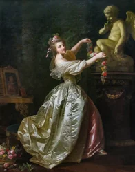 Jonge Vrouw die het Standbeeld van de Liefde Versiert