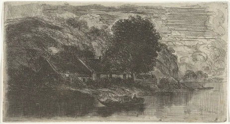 Gezicht op de linkeroever van de Maas met café De Rode Haan
