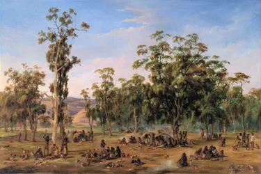 Een Aboriginal kampement, nabij de Adelaide heuvels