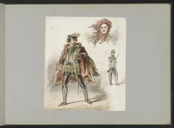 Man in historisch kostuum, een vrouw met hoofddoek en een soldaat