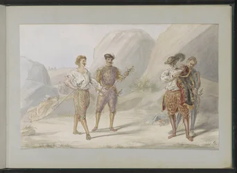 Vier mannen met zwaarden in een rotsachtig landschap