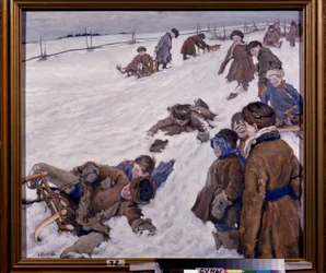 Wintersporten. Scène van sleeën in een besneeuwd veld, kinderen warm gekleed, hebben plezier en lachen uitbundig. Schilderij van Alexander Viktorovich Moravov