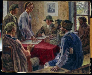 Een vergadering van het comité van arme boeren in 1918
