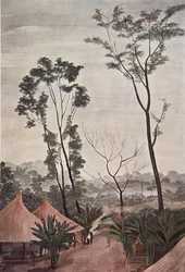 Een Dorp in de Oubangui - Chari, uit Tekeningen en Schilderijen van Afrika, uitgevoerd tijdens de Citroen Centraal Afrika expeditie, tweede missie Haardt Audouin-Dubreuil, uitgegeven Parijs, 1927
