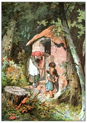 Illustratie voor Hans en Grietje door de gebroeders Grimm, ca. 1899 (offsetdruk)