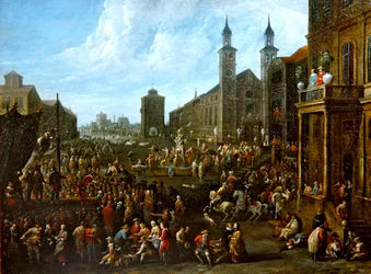 Een marktscène met straatartiesten en andere figuren