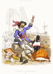 Kapitein Henry Morgan drinkt wijn en feest met vrouwen, in ware piratenstijl, midden 19e eeuw (gekleurde gravure)