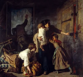 Brandscène. Een familie vast in hun appartement probeert te ontsnappen aan de brand van het gebouw. De vader van de familie roept om hulp vanuit het raam.