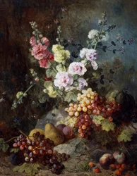 Stilleven met bloemen en fruit met druiven, peren, pruimen en frambozen. Schilderij van Alexandre Couder (1808-1879) Privécollectie.