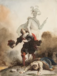 Don Juan en Leporello ontmoeten het standbeeld van de Commandeur op het kerkhof