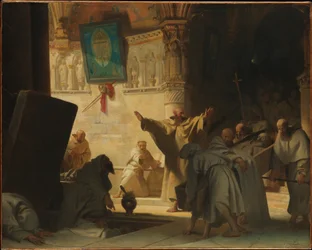Dramatische scène met monniken in een crypte